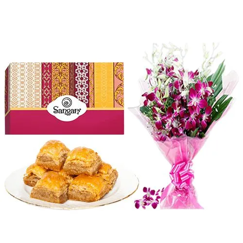 Desi Baklava from Sangam Sweets with Orchid Bouquet