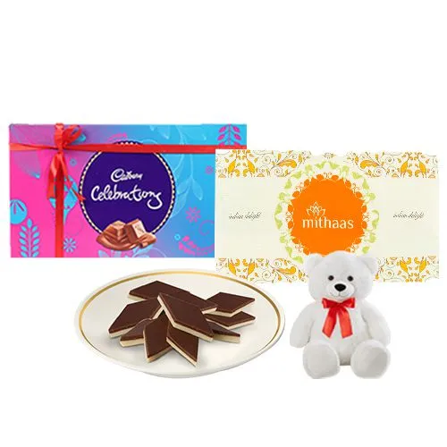 Chocolate Katli from Mithas Delicious Sweets with Teddy  N  Cadbury Celebration Chocolate Pack