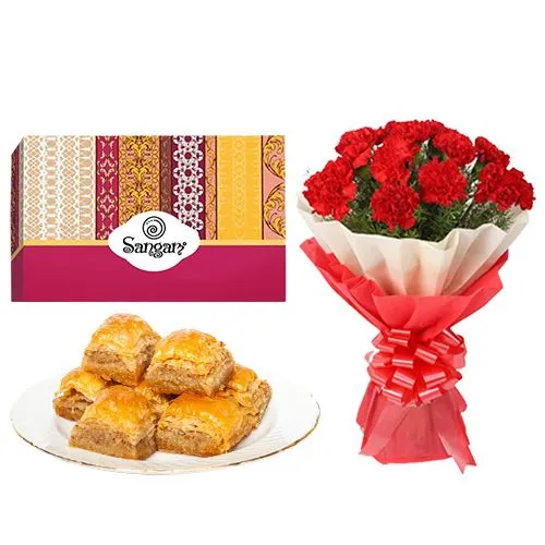 Desi Baklava from Sangam Sweets with Red Carnation Tissue Wrapped Bouquet
