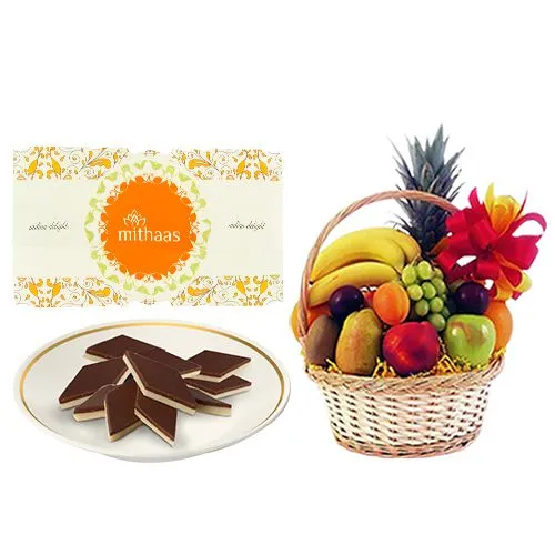 Chocolate Katli from Mithas Delicious Sweets with Fresh Fruit Basket