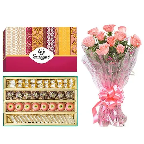 Cashew Delight from Sangam Sweets with Pink Rose Bouquet