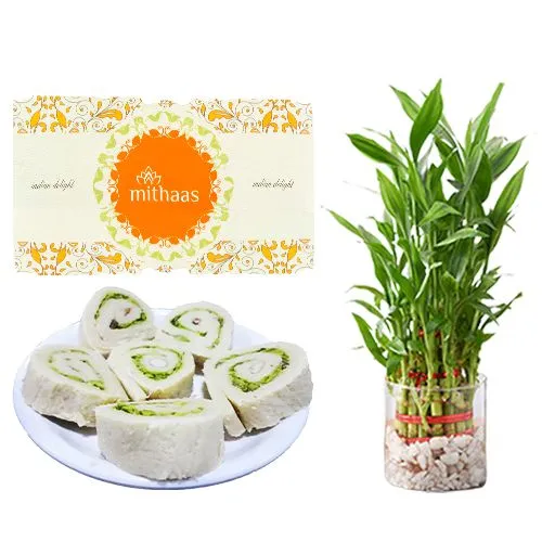 Kaju Cake from Mithas Delicious Sweets with 3 Tier Lucky Bamboo Plant