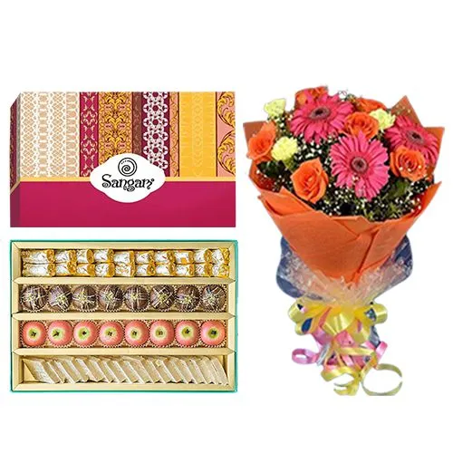 Cashew Delight from Sangam Sweets with Seasonal Flower Bouquet	