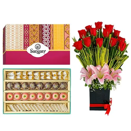 Cashew Delight from Sangam Sweets with a Designer Flower Arrangement