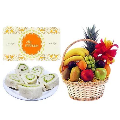 Kaju Cake from Mithas Delicious Sweets with Fresh Fruit Basket