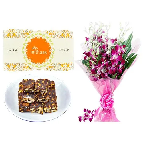Dry Fruits Barfi from Mithas Delicious Sweets with Orchid Bouquet