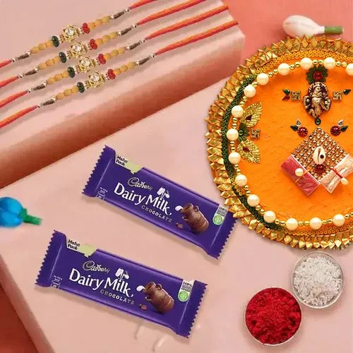 Rakhi Thali with 4 Rakhi and Dairy Milk