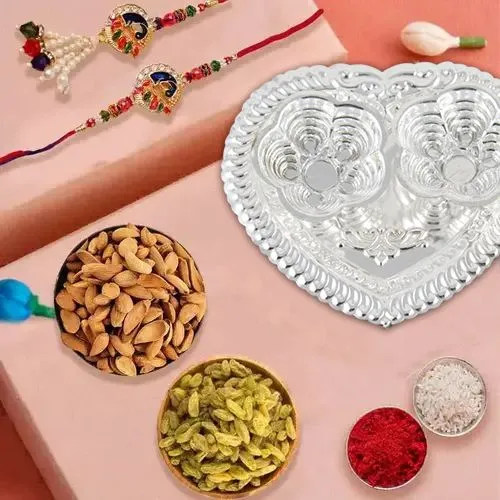 Silver Plated Rakhi Thali with 1 set Bhaiya n Bhabhi Rakhi and 200 Gms. Almonds and Raisins