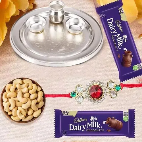 Rakhi Thali Combo with Cashews & Chocolates with Silver Lota