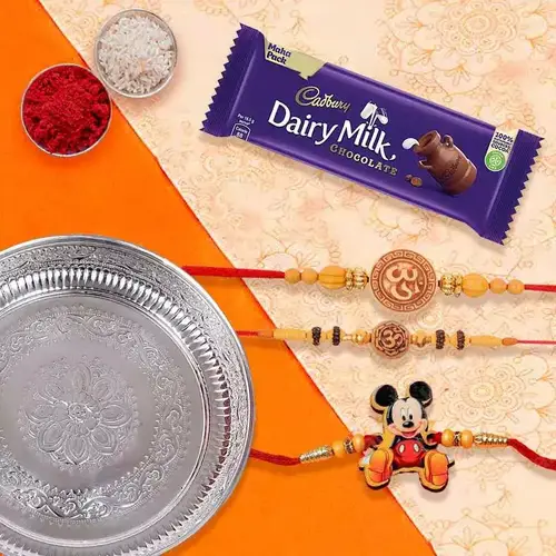 Silver Plated Rakhi Thali with 2 Om Rakhi 1 Kids Rakhi and 1 Dairy Milk 95 gr.