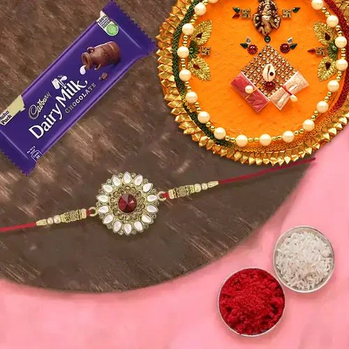 Charming  Rakhi 1 Dairy Milk With Rakhi Thali