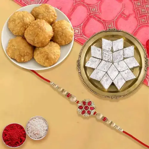 Rakhi with Kachori And Kaju Katli