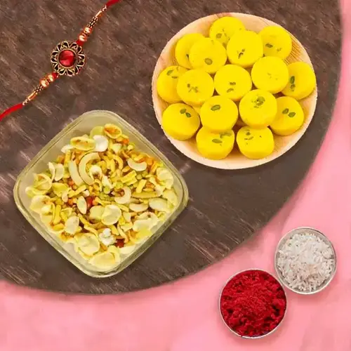 Traditional Rakhi with Kesar Peda and Namkeen Treat