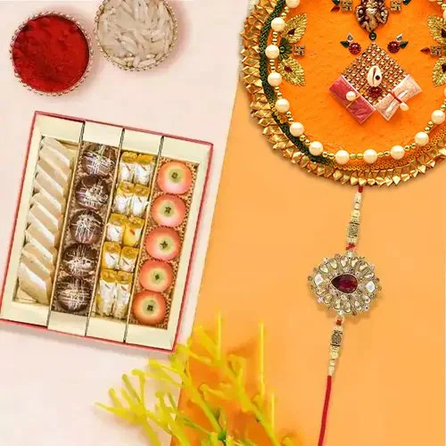 Flattering Selection of One Assorted Mithai Pack One Rakhi Thali and One Fancy Rakhi