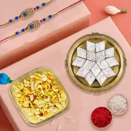 Delectable Gift of Kaju Katli Mixture with 2 Rakhis