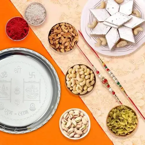 Deluxe Rakhi Gift Set with Silver Plated Thali, Sweets & Dry Fruits