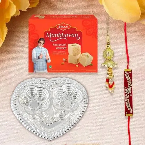 Zardosi Bhaiya Bhabhi Rakhi with Silver Pooja Thali and Soan Papdi Delight