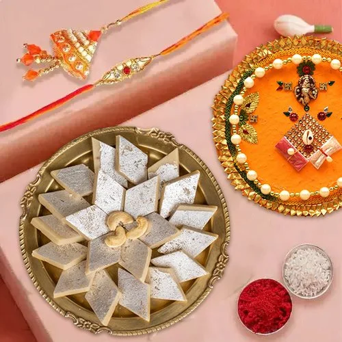 Bhaiya Bhabhi Rakhi Gift Set with Divine Mandap & Delicious Kaju Katli