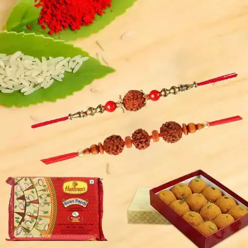 Boondi Ladoo with Haldirams Soan Papdi N Rudraksha Rakhi