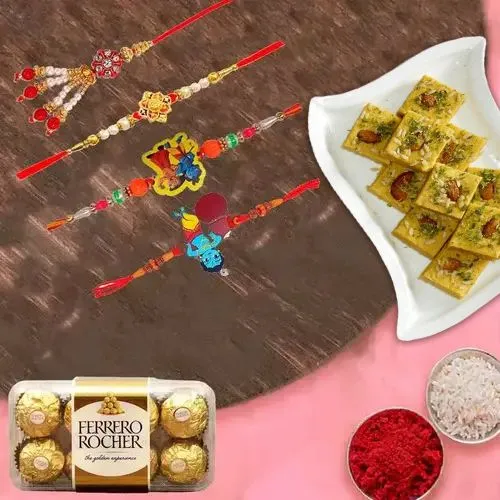 Ferrero Rocher with Delicious Soan Papdi n Family Rakhi Set