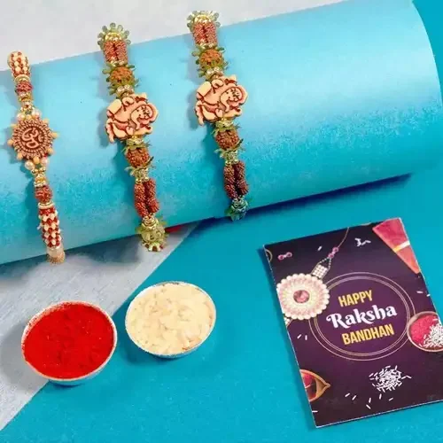 Graceful Three Om Rakhi Set with Roli Chawal Tika n Rakhi Card