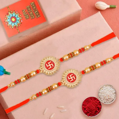 Auspicious Swastik Rakhi Pair with Roli Chawal Tika n Card