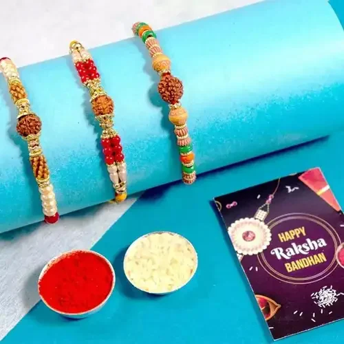 Exquisite 3 Rudraksha Rakhi Set with Roli Chawal Tika n Card