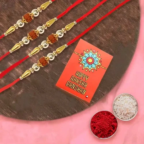 Charming Rudraksha Rakhi Set of 4 with Roli Chawal n Card
