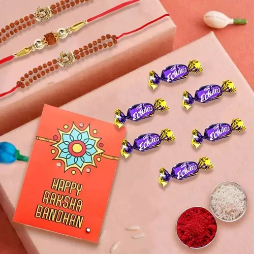 Classy 3 Rudraksha Rakhi Set with Chocolates Roli Chawal n Card
