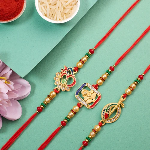 Auspicious Trio of OM Swastik N Rudraksha Rakhi