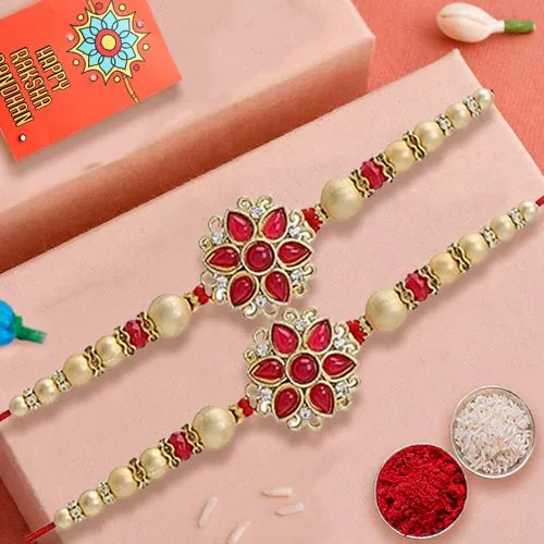 Dashing Pair of Fancy Rakhi with Roli Chawal n Card