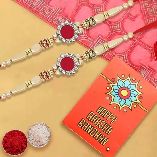 Gorgeous Pair of Jewel Rakhi with Roli Chawal Tika n Card