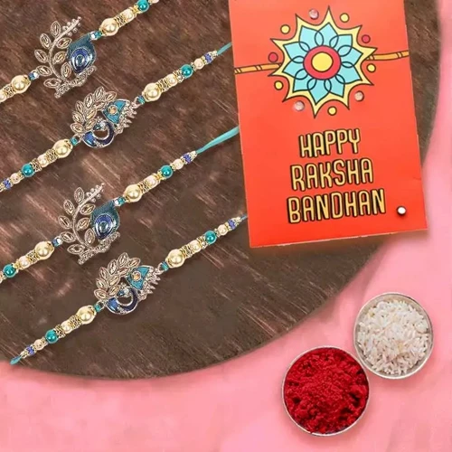 Glamorous Set of 4 Jewel Rakhi with Roli Chawal n Card