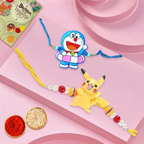 Enticing Pair of Kids Rakhi with Roli Chawal n Card