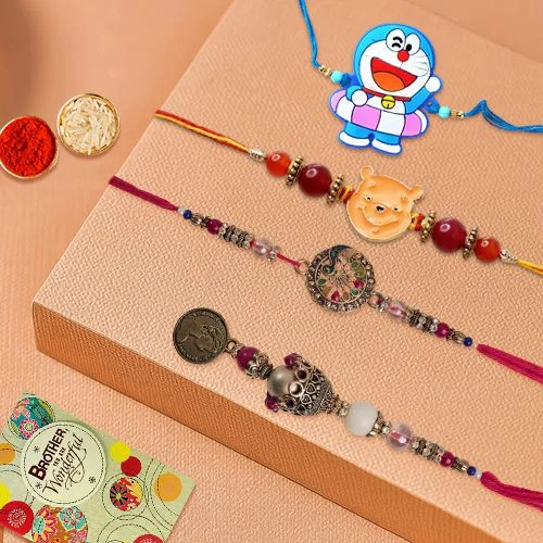 Attractive Set of Family Rakhi with a Stone Rakhi