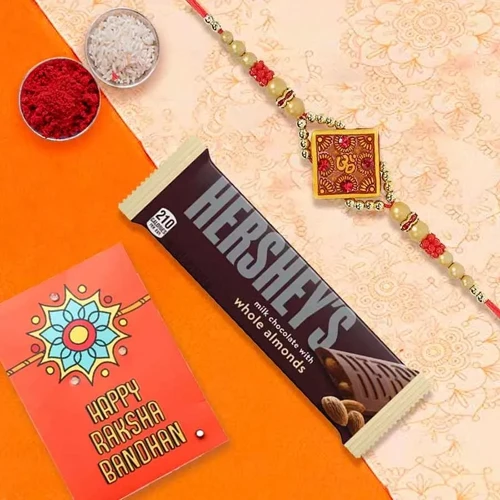 Appealing Rakhi with Hershey Chocolates Roli Chawal n Card