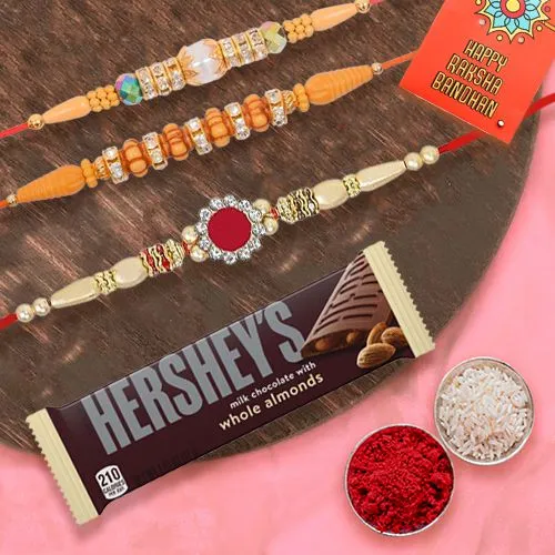 Classic Set of 3 Rakhi with Hersheys Chocolate Roli Tika n Card