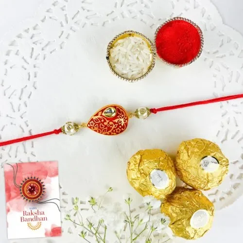 Exquisite Rakhi with 3Pc Ferrero Rocher Roli Tika N Card