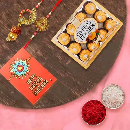 Classy Bhaiya Bhabhi Rakhi with 12pc Ferrero Rocher Pack