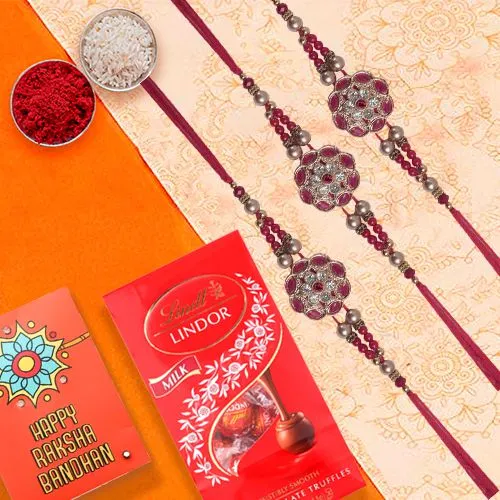 Attractive Set of 3 Rakhis with Lindt Chocolates