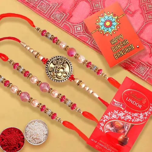 Classic Set of 4 Rakhi with Lindt Chocolates Roli Tika N Card