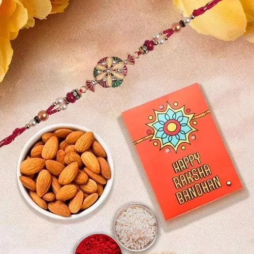 Classy Rakhi with Crunchy Almonds Roli Tika n Rakhi Card