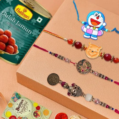 Graceful Set of 4 Rakhi with Haldiram Gulab Jamun