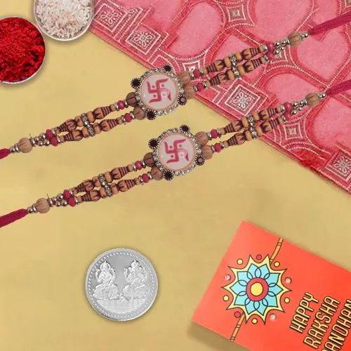 2 Swastik Rakhis & Silver Coin Combo