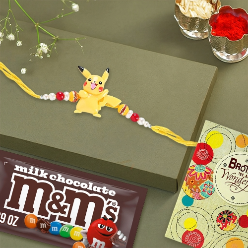 Cheerful Pikachu Rakhi & M&Ms Treat