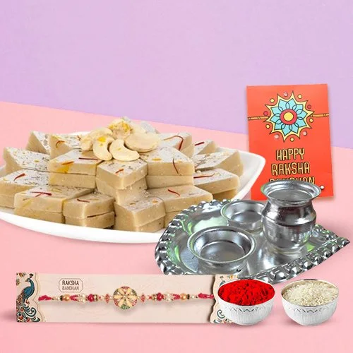Rakhi with Haldirams Kaju Katli and SIlver Plated Paan Shaped Puja Thali