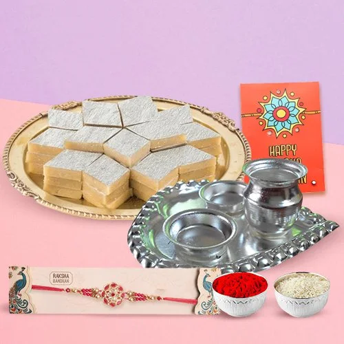 Kaju Katli from Haldiram and Silver Plated Paan Shaped Puja Aarti Thali along with Rakhi