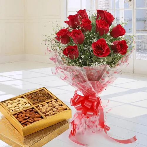 Send Bouquet of Red Roses with Dry Fruits Online 